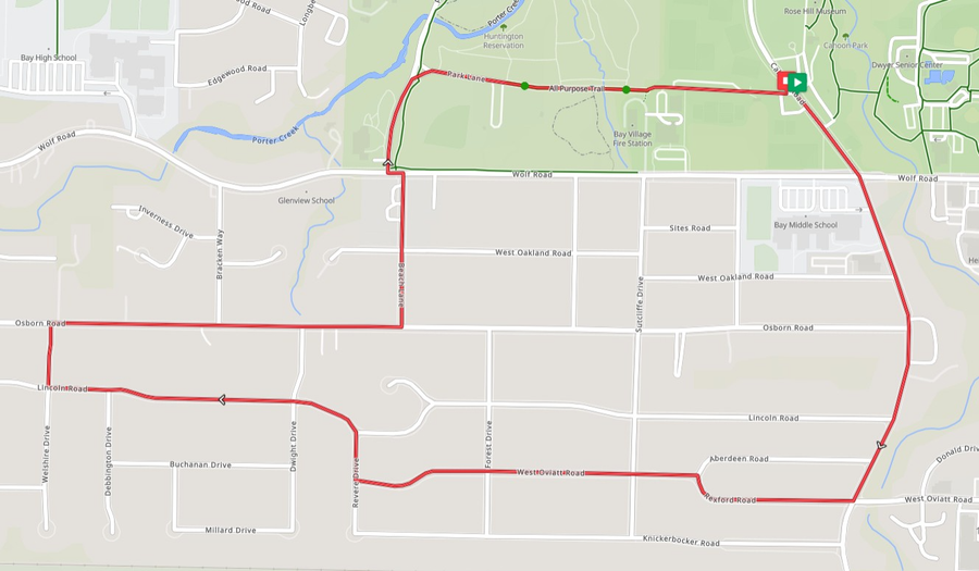 Organizer’s 5K route map showing the start at Cahoon Park and the course through Bay Village.