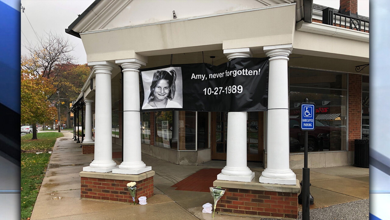 A memorial banner honoring Amy in Bay Village, pictured in News 5 Cleveland’s 2023 remembrance coverage.